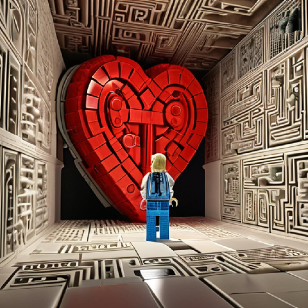 **

A brain-shaped labyrinth with Lego blocks connecting different chambers, one of which glows with an emotional heart. A figure is immersed in a story projected on a wall inside the labyrinth, while another chamber shows a search engine interface with the question "Why?" hovering above.

**