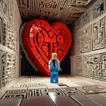 **

A brain-shaped labyrinth with Lego blocks connecting different chambers, one of which glows with an emotional heart. A figure is immersed in a story projected on a wall inside the labyrinth, while another chamber shows a search engine interface with the question "Why?" hovering above.

**