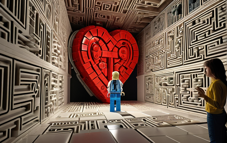 **
A brain-shaped labyrinth with Lego blocks connecting different chambers, one of which glows with an emotional heart. A figure is immersed in a story projected on a wall inside the labyrinth, while another chamber shows a search engine interface with the question "Why?" hovering above.
**